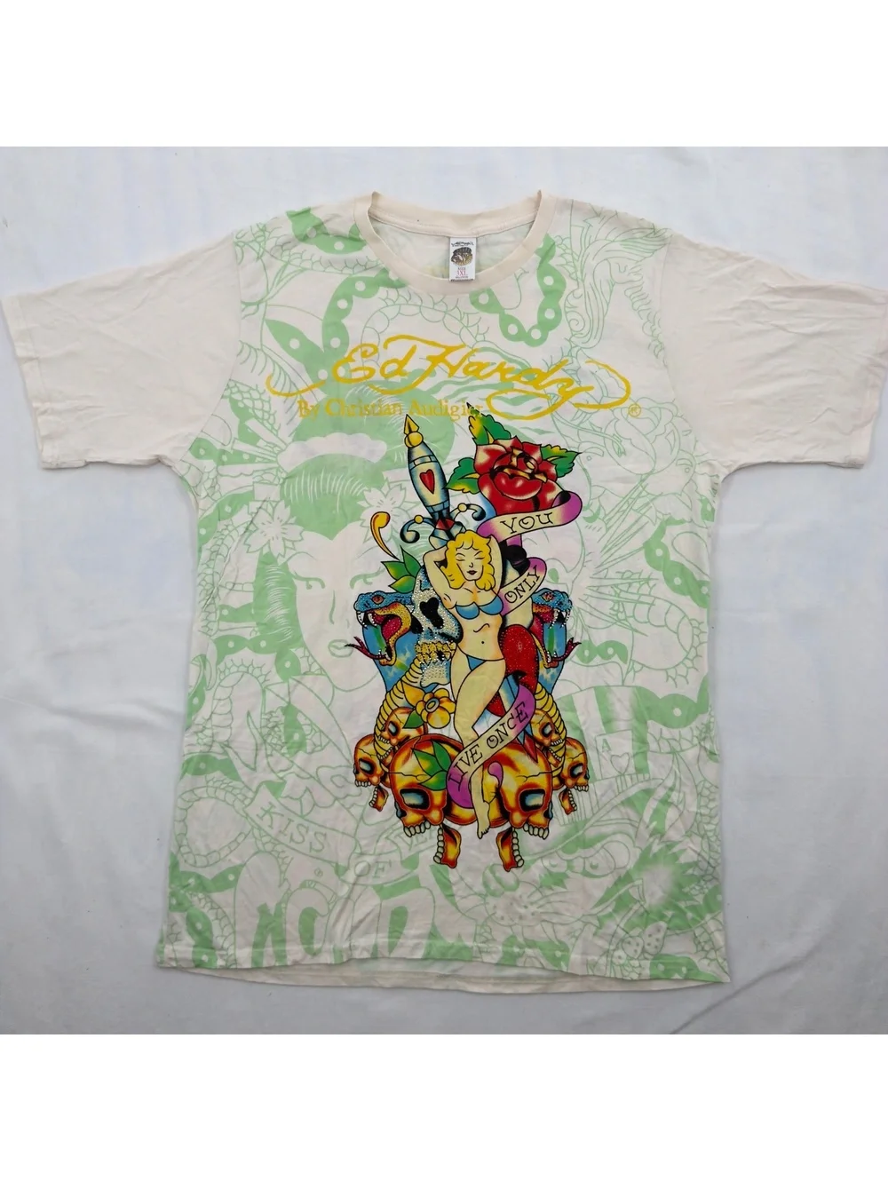 Vintage Ed Hardy Christian Audigier All Over Print T-Shirt 3XL White Green RARE